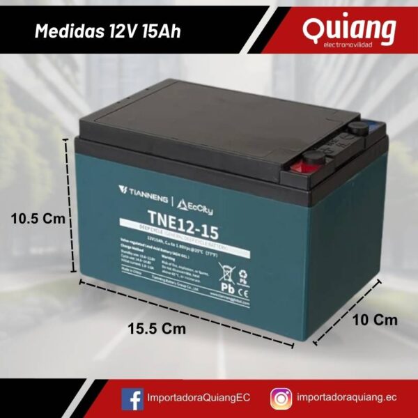 Medidas referenciales de una batería de 12V15Ah de ácido plomo para moto eléctrica